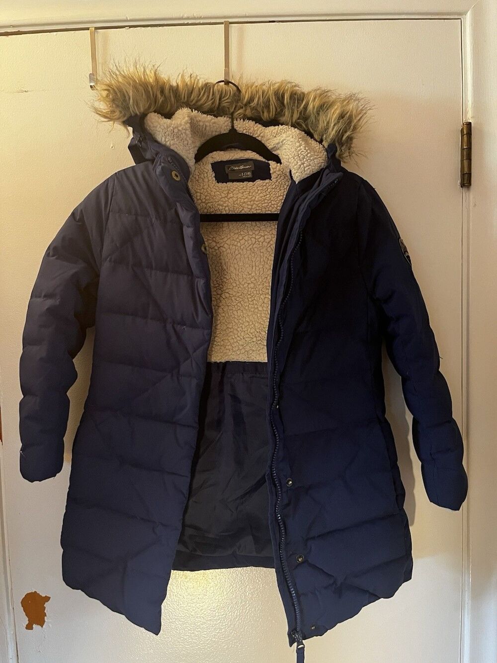Eddie Bauer Kids Navy Blue Sherpa-Lined Hooded Puffer Parka Jacket - Size Small
